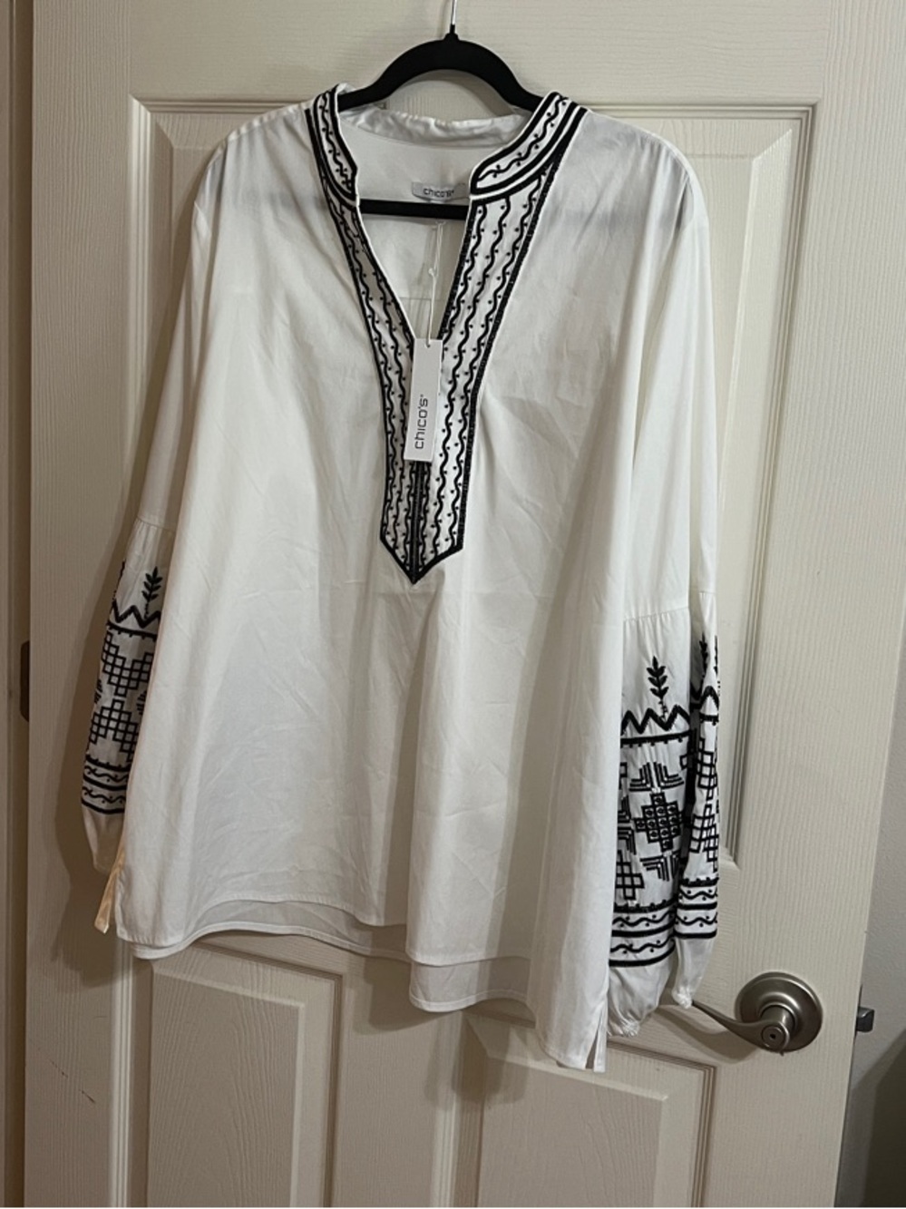 Chico's White Tunic with Black Embroidered Trim